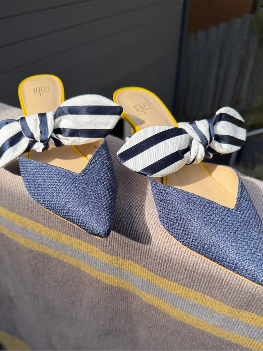 CAbi Navy Pointed-Front Mules 8.5 Navy-and-White Striped Bow and Yellow Trim